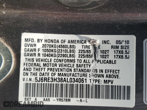 2010 Honda CR-V LX z VIN 5J6RE3H38AL034061, wystawiony jako Copart lot #54978905 z przebiegiem 154 951 mil mil oraz Szkoda całkowita • Salvage title. Historia ofert i sprzedaży dostępna na DreamBid. Obrazek 12.
