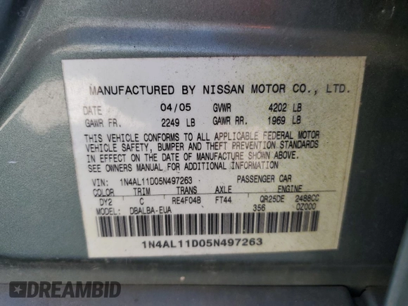2005 Nissan Altima 2.5 S with VIN 1N4AL11D05N497263, listed as a Copart auction lot 50140275 with 0 mi miles and Salvage Title. Bid and sale history available at carsss.com. Image 12.