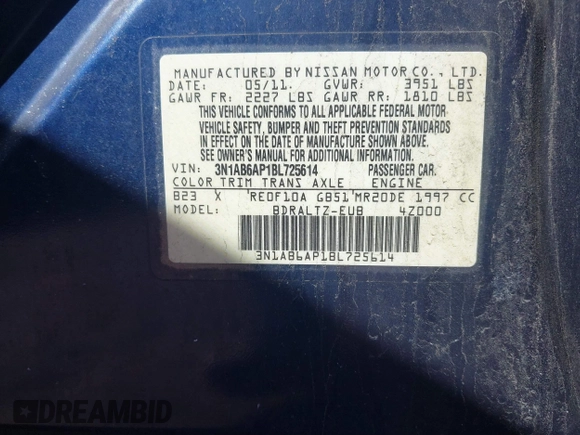 2011 Nissan Sentra SR with VIN 3N1AB6AP1BL725614, listed as a IAAI auction lot 41738599 with 165,356 mi miles and . Bid and sale history available at DreamBid. Image 9.