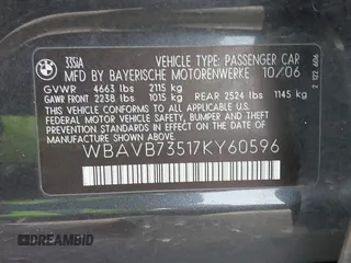 2007 BMW 3 Series 335i with VIN WBAVB73517KY60596, listed as a IAAI auction lot 42504350 with 111,403 mi miles and . Bid and sale history available at DreamBid. Image 9.