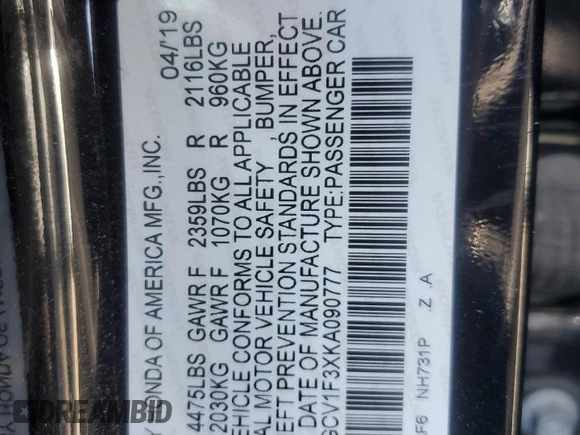 2019 Honda Accord Sport with VIN 1HGCV1F3XKA090777, listed as a Copart auction lot 55314915 with 52,077 mi miles and Salvage Title. Bid and sale history available at DreamBid. Image 13.