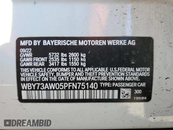 2023 BMW i4 eDrive40 z VIN WBY73AW05PFN75140, wystawiony jako Copart lot #51791515 z przebiegiem 28 426 mil mil oraz Szkody całkowita. Historia ofert i sprzedaży dostępna na DreamBid. Obrazek 12.
