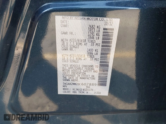 2013 Nissan Pathfinder SV with VIN 5N1AR2MM2DC607889, listed as a IAAI auction lot 41828129 with 210,513 mi miles. Bid and sale history available at carsss.com. Image 9.