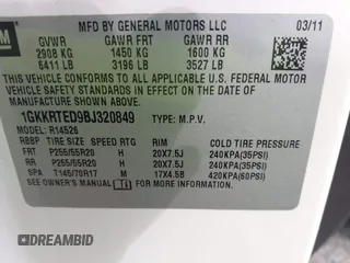 2011 GMC Acadia Denali z VIN 1GKKRTED9BJ320849, wystawiony jako IAAI lot #42132503 z przebiegiem 230 721 mil mil oraz . Historia ofert i sprzedaży dostępna na DreamBid. Obrazek 9.