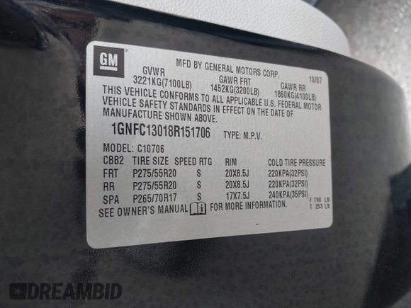 2008 Chevrolet Tahoe LTZ с VIN 1GNFC13018R151706, выставлен на аукционе IAAI как лот 41234053 с пробегом Не указан миль и . История ставок и продаж доступна на DreamBid. Изображение 9.
