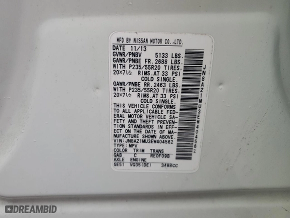 2014 Nissan Murano LE with VIN JN8AZ1MU3EW404562, listed as a Copart auction lot 73797594 with 0 mi miles and Salvage Title. Bid and sale history available at carsss.com. Image 14.