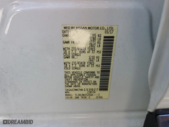 2017 Nissan Murano SL with VIN 5N1AZ2MH7HN153927, listed as a Copart auction lot 44156515 with 114,892 mi miles and Salvage Title. Bid and sale history available at carsss.com. Image 13.