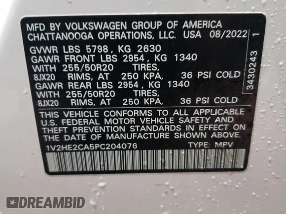2023 Volkswagen Atlas SE with VIN 1V2HE2CA5PC204076, listed as a Copart auction lot 44377345 with 35,437 mi miles and Salvage title. Bid and sale history available at DreamBid. Image 13.
