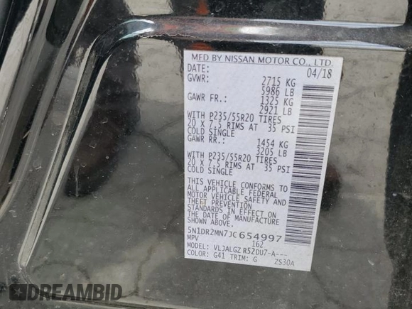2018 Nissan Pathfinder S with VIN 5N1DR2MN7JC654997, listed as a Copart auction lot 61144015 with 141,732 mi miles and Salvage title. Bid and sale history available at DreamBid. Image 13.