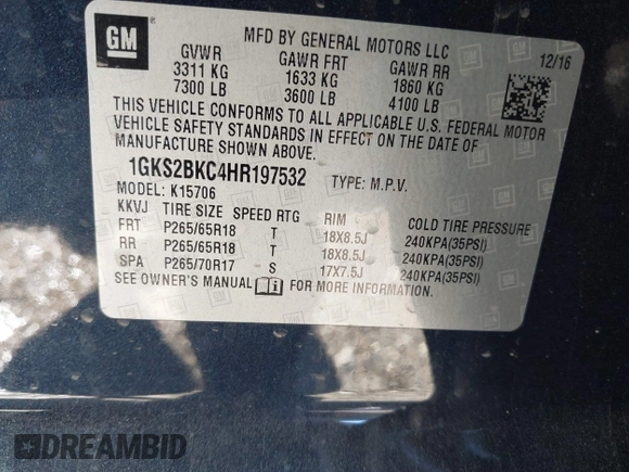 2017 GMC Yukon SLT with VIN 1GKS2BKC4HR197532, listed as a IAAI auction lot 41660783 with 143,721 mi miles and . Bid and sale history available at DreamBid. Image 9.