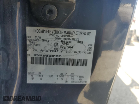 2008 Ford F-250 with VIN 1FDNF20558ED13020, listed as a Copart auction lot 48329705 with Not provided miles and Salvage title. Bid and sale history available at DreamBid. Image 12.