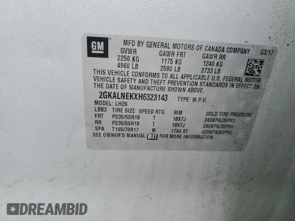 2017 GMC Terrain SLE with VIN 2GKALNEKXH6323143, listed as a Copart auction lot 49957885 with Not Provided miles and Clean Title. Bid and sale history available at carsss.com. Image 14.