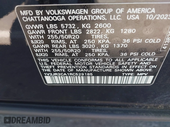 2024 Volkswagen Atlas SE with VIN 1V2JR2CA1RC529185, listed as a IAAI auction lot 42201837 with 17,919 mi miles and . Bid and sale history available at DreamBid. Image 9.