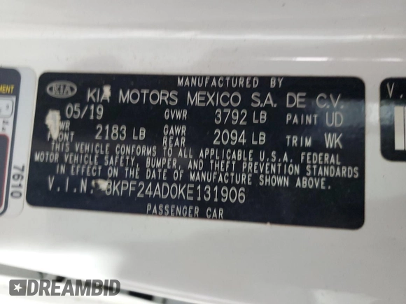 2019 Kia Forte LXS z VIN 3KPF24AD0KE131906, wystawiony jako Copart lot #58037235 z przebiegiem 84 527 mil mil oraz Szkoda całkowita • Salvage title. Historia ofert i sprzedaży dostępna na DreamBid. Obrazek 12.
