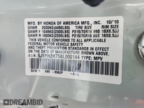 2011 Honda Element EX z VIN 5J6YH2H75BL000144, wystawiony jako Copart lot #60867165 z przebiegiem 127 013 mil mil oraz Nie do naprawy • Non repairable. Historia ofert i sprzedaży dostępna na DreamBid. Obrazek 14.