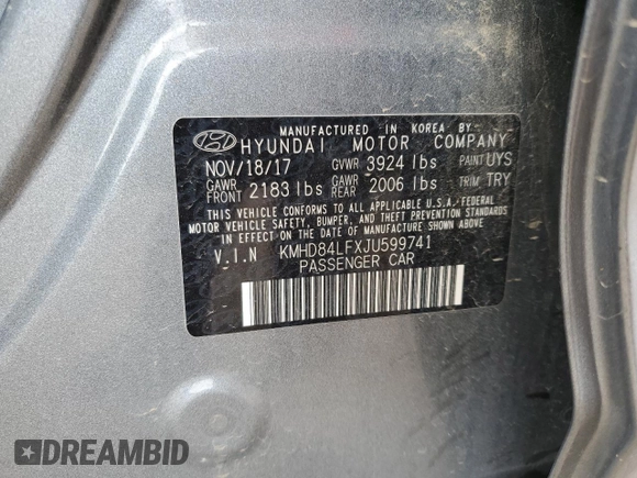 2018 Hyundai Elantra SEL z VIN KMHD84LFXJU599741, wystawiony jako Copart lot #53641575 z przebiegiem 56 600 mil mil oraz Szkoda całkowita • Salvage title. Historia ofert i sprzedaży dostępna na DreamBid. Obrazek 12.