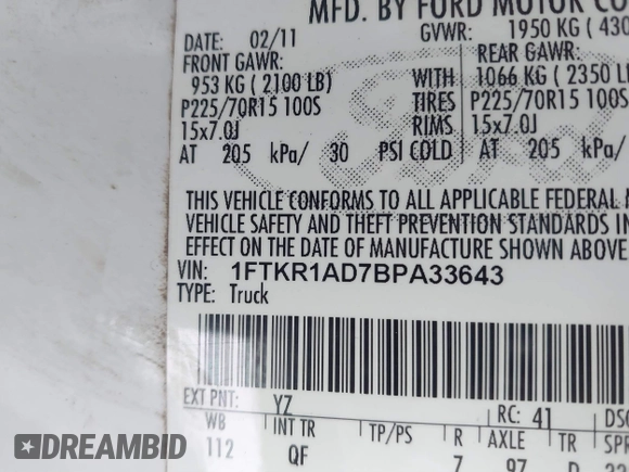 2011 Ford Ranger XL with VIN 1FTKR1AD7BPA33643, listed as a IAAI auction lot 41597422 with 180,522 mi miles. Bid and sale history available at carsss.com. Image 9.