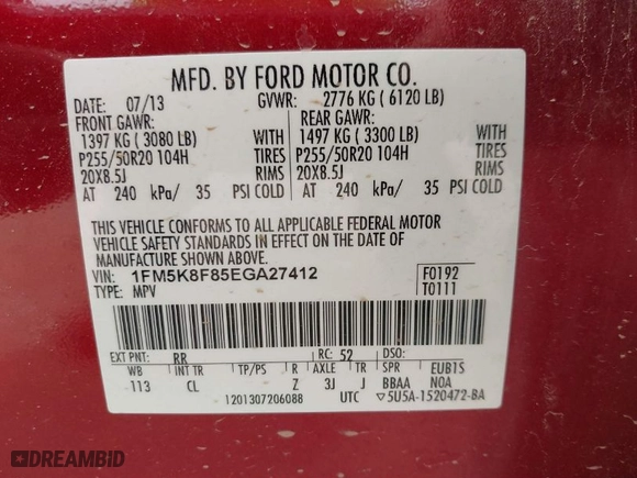2014 Ford Explorer Limited with VIN 1FM5K8F85EGA27412, listed as a IAAI auction lot 41793804 with 117,134 mi miles. Bid and sale history available at carsss.com. Image 9.