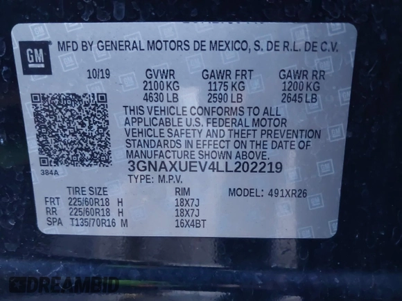 2020 Chevrolet Equinox LT with VIN 3GNAXUEV4LL202219, listed as a IAAI auction lot 42056575 with 122,613 mi miles and . Bid and sale history available at DreamBid. Image 9.