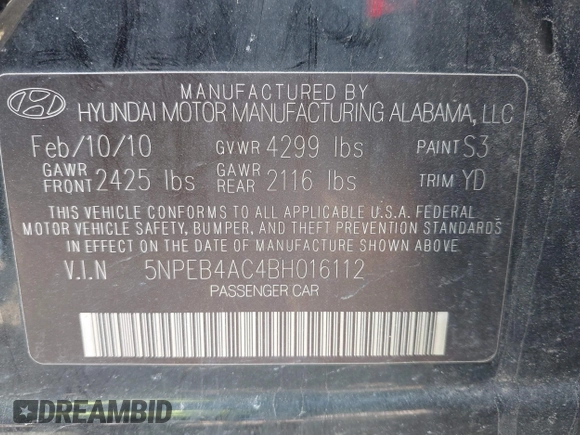 2011 Hyundai Sonata GLS with VIN 5NPEB4AC4BH016112, listed as a IAAI auction lot 41994413 with 80,301 mi miles and . Bid and sale history available at carsss.com. Image 9.