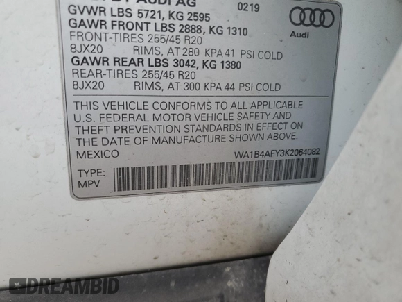 2019 Audi SQ5 Premium Plus with VIN WA1B4AFY3K2064082, listed as a Copart auction lot 81191483 with 43,602 mi miles and . Bid and sale history available at DreamBid. Image 14.