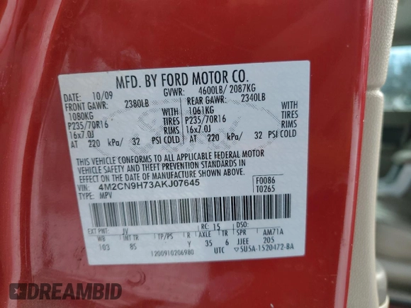 2010 Mercury Mariner Premier with VIN 4M2CN9H73AKJ07645, listed as a Copart auction lot 49712505 with 230,071 mi miles and Salvage title. Bid and sale history available at DreamBid. Image 15.