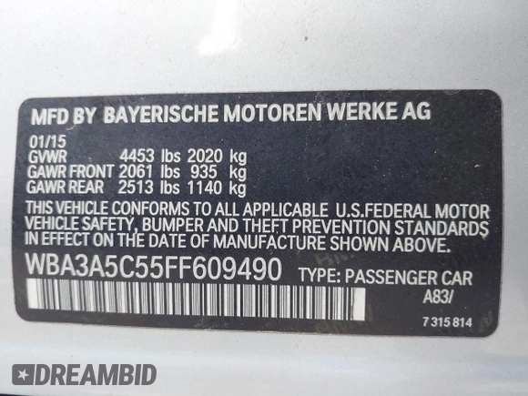 2015 BMW 3 Series 328i with VIN WBA3A5C55FF609490, listed as a IAAI auction lot 42006008 with 110,239 mi miles. Bid and sale history available at carsss.com. Image 9.