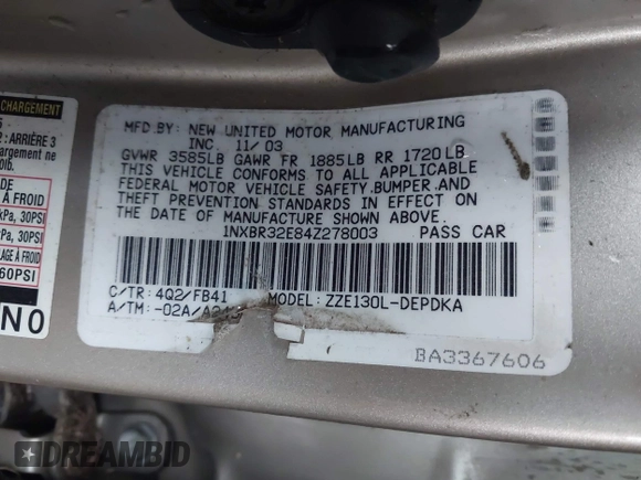 2004 Toyota Corolla CE with VIN 1NXBR32E84Z278003, listed as a IAAI auction lot 41950390 with 152,061 mi miles and . Bid and sale history available at DreamBid. Image 9.