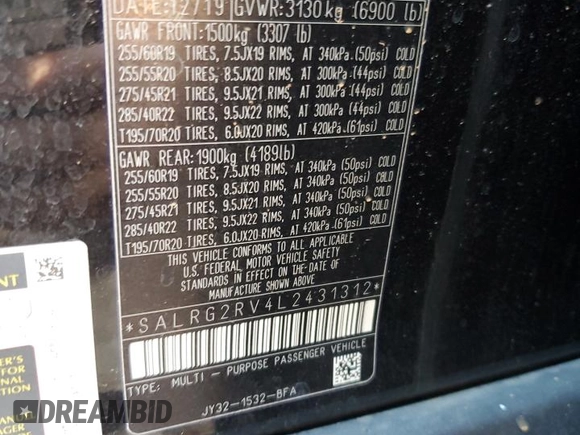2020 Land Rover Discovery SE with VIN SALRG2RV4L2431312, listed as a Copart auction lot 68940294 with 74,772 mi miles and Salvage Title. Bid and sale history available at carsss.com. Image 14.