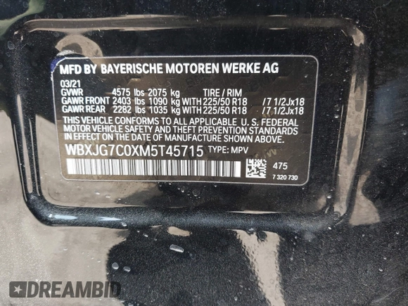 2021 BMW X1 sDrive28i with VIN WBXJG7C0XM5T45715, listed as a IAAI auction lot 42014499 with 23,793 mi miles and . Bid and sale history available at DreamBid. Image 9.