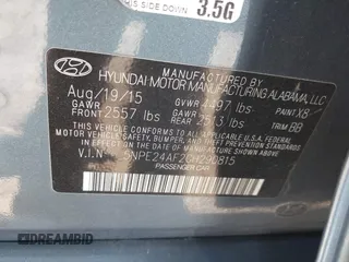 2016 Hyundai Sonata SE z VIN 5NPE24AF2GH290815, wystawiony jako IAAI lot #42314347 z przebiegiem 126 116 mil mil oraz . Historia ofert i sprzedaży dostępna na DreamBid. Obrazek 9.