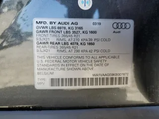 2019 Audi e-tron Prestige with VIN WA1VAAGE8KB007872, listed as a Copart auction lot 66012863 with 37,542 mi miles. Bid and sale history available at carsss.com. Image 12.