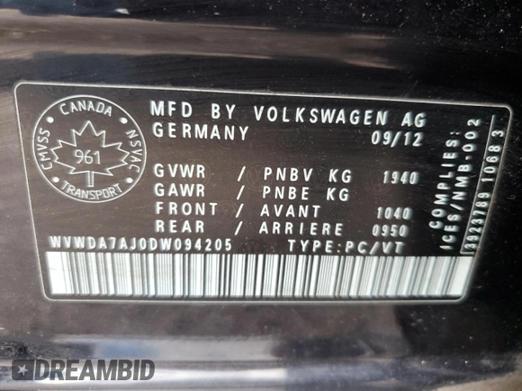 2013 Volkswagen Golf с VIN WVWDA7AJ0DW094205, выставлен на аукционе Copart как лот 78641874 с пробегом Не указан миль и Списание • Salvage title. История ставок и продаж доступна на DreamBid. Изображение 12.