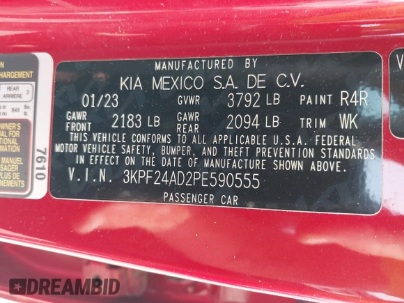 2023 Kia Forte LXS z VIN 3KPF24AD2PE590555, wystawiony jako IAAI lot #42395185 z przebiegiem 57 678 mil mil oraz . Historia ofert i sprzedaży dostępna na DreamBid. Obrazek 9.