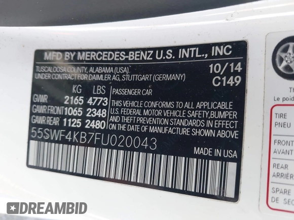 2015 Mercedes-Benz C 300 Luxury with VIN 55SWF4KB7FU020043, listed as a IAAI auction lot 41855508 with 175,210 mi miles and . Bid and sale history available at DreamBid. Image 9.