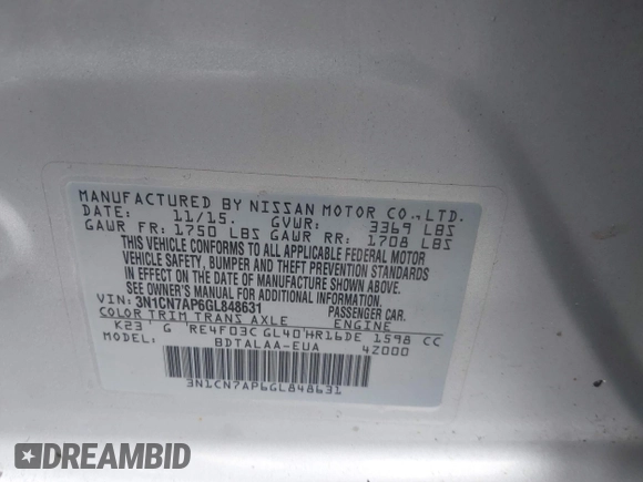 2016 Nissan Versa S with VIN 3N1CN7AP6GL848631, listed as a IAAI auction lot 42501627 with 110,259 mi miles and . Bid and sale history available at DreamBid. Image 9.