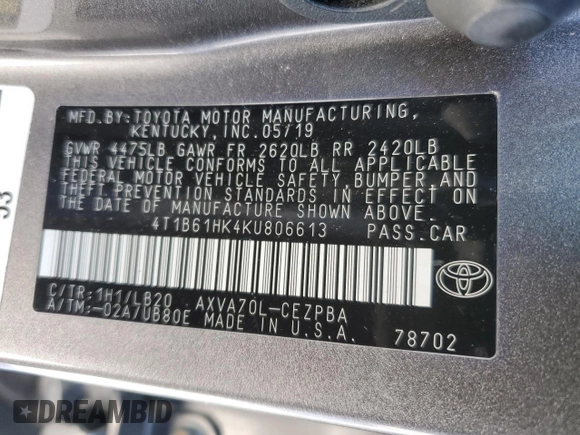 2019 Toyota Camry XSE with VIN 4T1B61HK4KU806613, listed as a Copart auction lot 88394735 with 107,830 mi miles and Salvage Title. Bid and sale history available at carsss.com. Image 14.