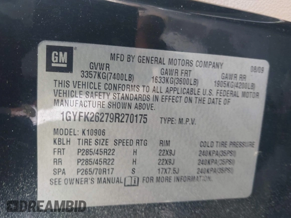 2009 Cadillac Escalade ESV с VIN 1GYFK26279R270175, выставлен на аукционе IAAI как лот 42349456 с пробегом 189 172 миль миль и . История ставок и продаж доступна на DreamBid. Изображение 9.