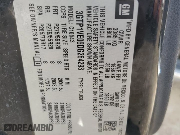 2013 GMC Sierra 1500 SLE with VIN 3GTP1VE06DG264293, listed as a Copart auction lot 62475055 with 209,250 mi miles and Salvage title. Bid and sale history available at DreamBid. Image 12.