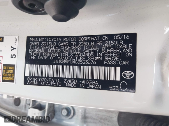 2016 Toyota Prius Two with VIN JTDKBRFU4G3523676, listed as a IAAI auction lot 42174710 with 167,347 mi miles and . Bid and sale history available at DreamBid. Image 9.