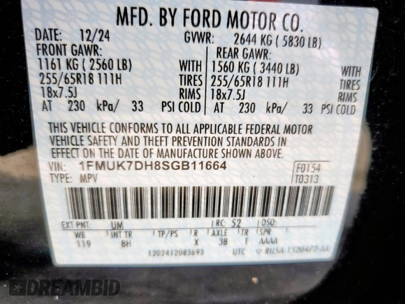 2025 Ford Explorer Active with VIN 1FMUK7DH8SGB11664, listed as a Copart auction lot 56994065 with 2,144 mi miles and Salvage title. Bid and sale history available at DreamBid. Image 13.