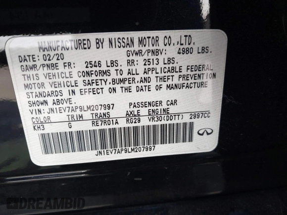 2020 Infiniti Q50 3.0t LUXE with VIN JN1EV7AP9LM207997, listed as a IAAI auction lot 41640527 with 70,351 mi miles. Bid and sale history available at carsss.com. Image 9.