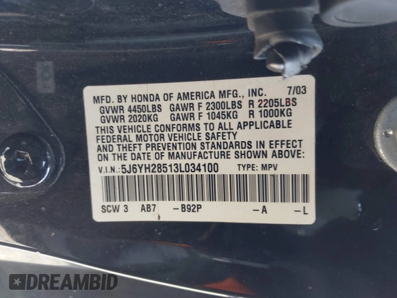 2003 Honda Element EX with VIN 5J6YH28513L034100, listed as a IAAI auction lot 41895081 with 235,350 mi miles and . Bid and sale history available at DreamBid. Image 9.