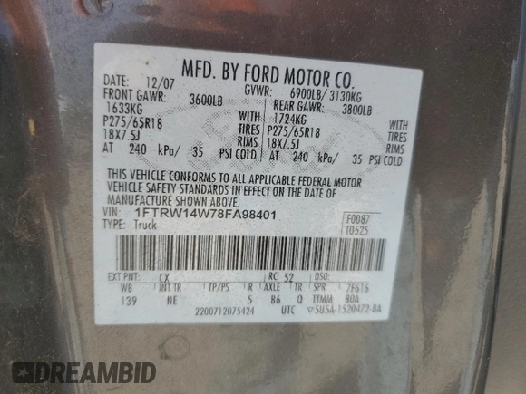 2008 Ford F-150 XL with VIN 1FTRW14W78FA98401, listed as a Copart auction lot 51343585 with 0 mi miles and Clean Title. Bid and sale history available at carsss.com. Image 12.