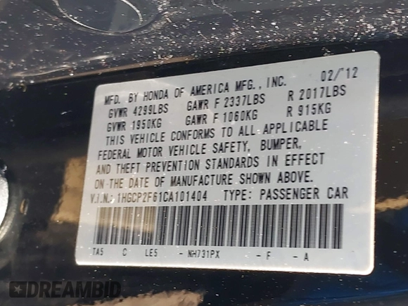 2012 Honda Accord SE z VIN 1HGCP2F61CA101404, wystawiony jako IAAI lot #42038839 z przebiegiem 121 506 mil mil oraz . Historia ofert i sprzedaży dostępna na DreamBid. Obrazek 9.