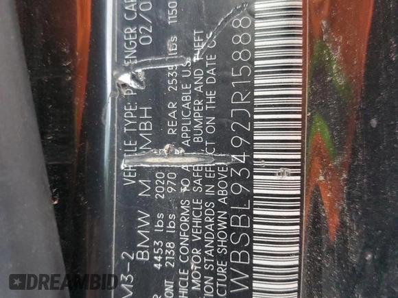 2002 BMW 3 Series M3 with VIN WBSBL93492JR15888, listed as a Copart auction lot 86944244 with Not Provided miles and Non Repairable. Bid and sale history available at DreamBid. Image 13.