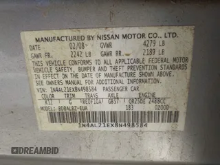 2008 Nissan Altima SL with VIN 1N4AL21EX8N498584, listed as a IAAI auction lot 41861570 with 168,403 mi miles and . Bid and sale history available at DreamBid. Image 9.