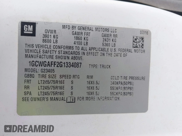 2016 Chevrolet Express Cargo with VIN 1GCWGAFF2G1334087, listed as a IAAI auction lot 42505870 with 205,983 mi miles and . Bid and sale history available at DreamBid. Image 9.