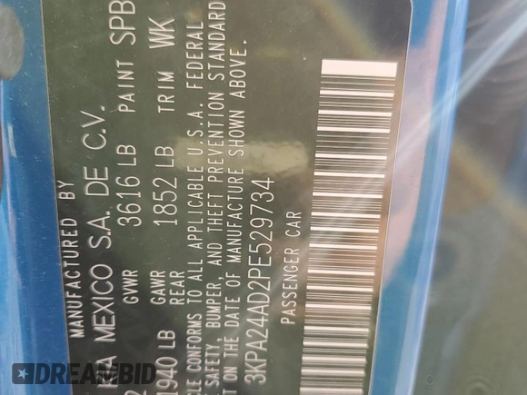 2023 Kia Rio S z VIN 3KPA24AD2PE529734, wystawiony jako Copart lot #48755585 z przebiegiem 99 031 mil mil oraz Szkody całkowita. Historia ofert i sprzedaży dostępna na DreamBid. Obrazek 14.