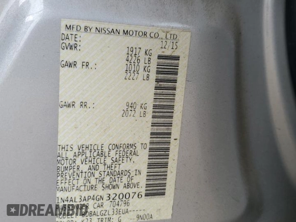 2016 Nissan Altima S with VIN 1N4AL3AP4GN320076, listed as a Copart auction lot 54109685 with 18,431 mi miles and Salvage Title. Bid and sale history available at DreamBid. Image 12.